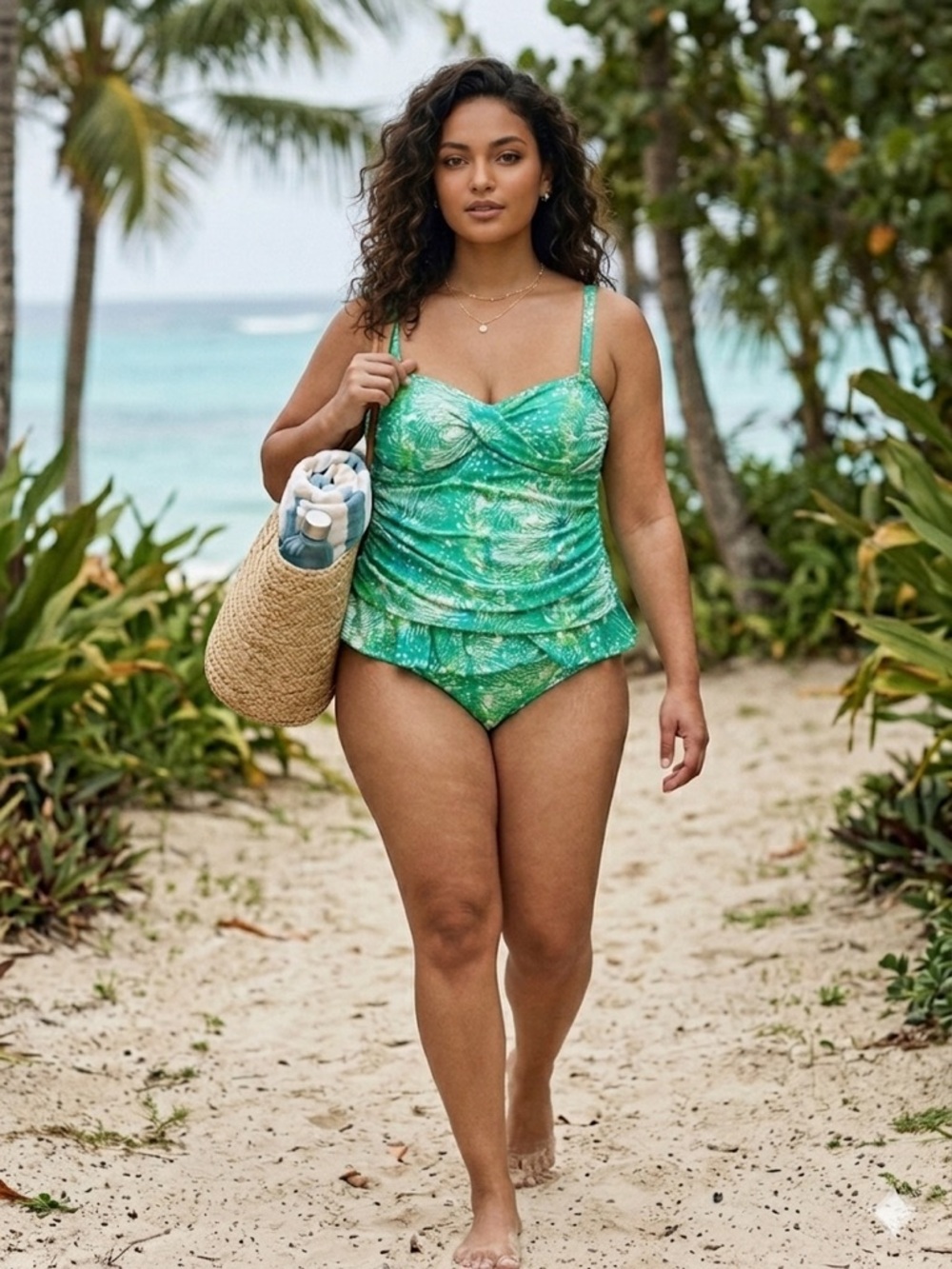 Always For Me Green & Metallic Silver Splatter Tankini Set EUC Tropical Luxe 24